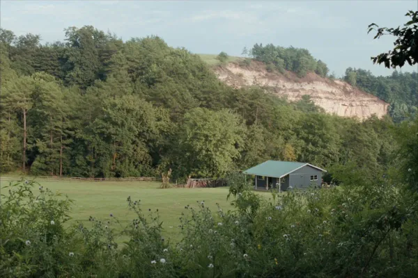 Small post-frame home on a pasture at the edge of the national forest in Lawrence County, Alabama