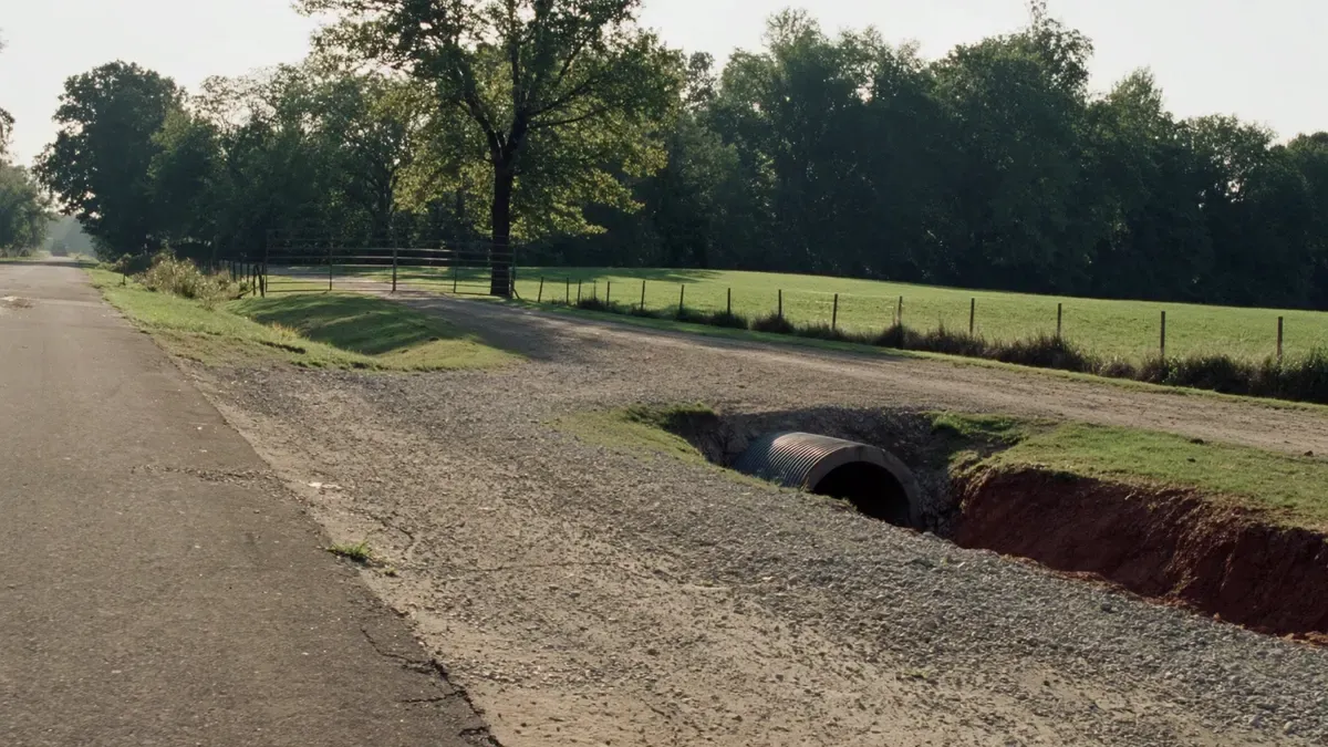 Gravel driveway entrance with a culvert pipe off a county road in North Alabama
