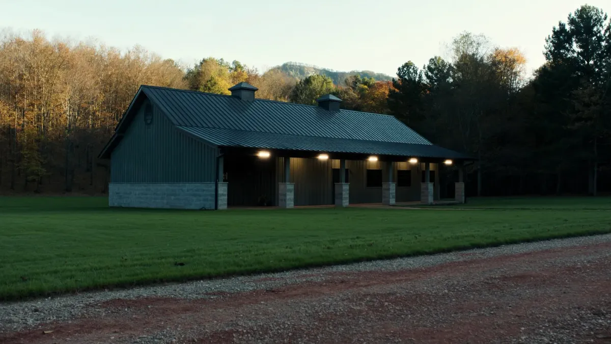 Finished post-frame barndominium with a dark metal roof and covered porch at evening on a pasture in North Alabama